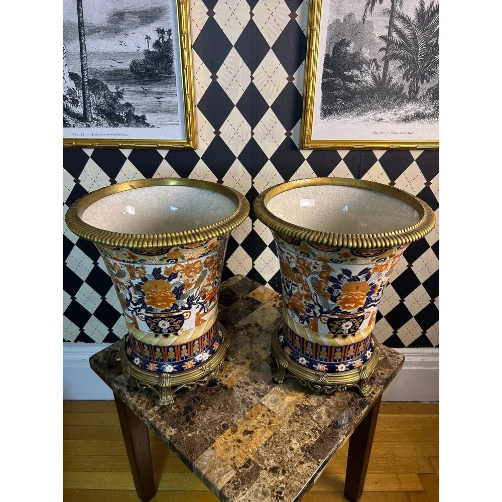Vintage Pair Japanese Imari Porcelain Vases Bronze Mounts Floral Bird Decor